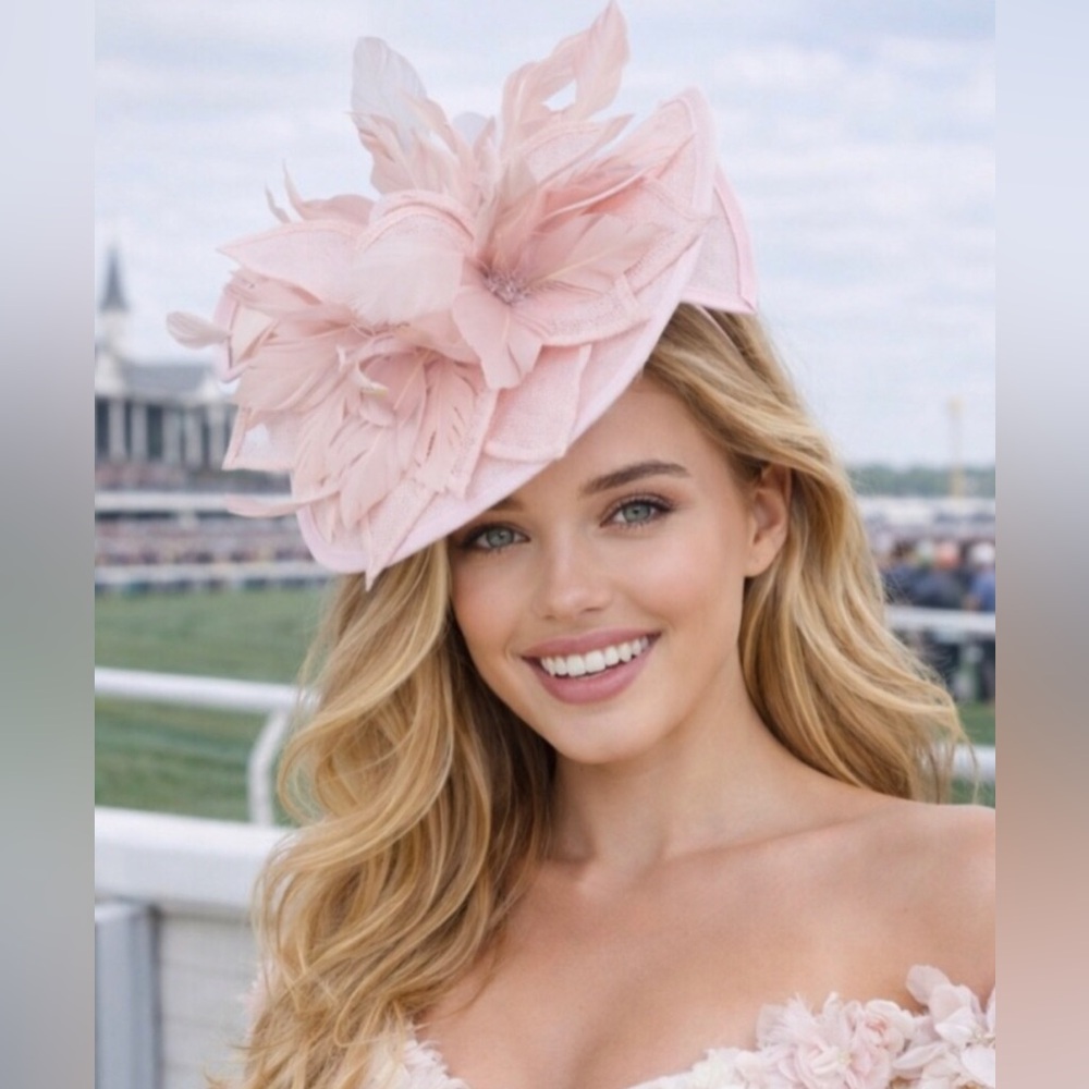 Kentucky Derby Pink Fascinator Hat Feather Floral Headpiece Statement Headwear
